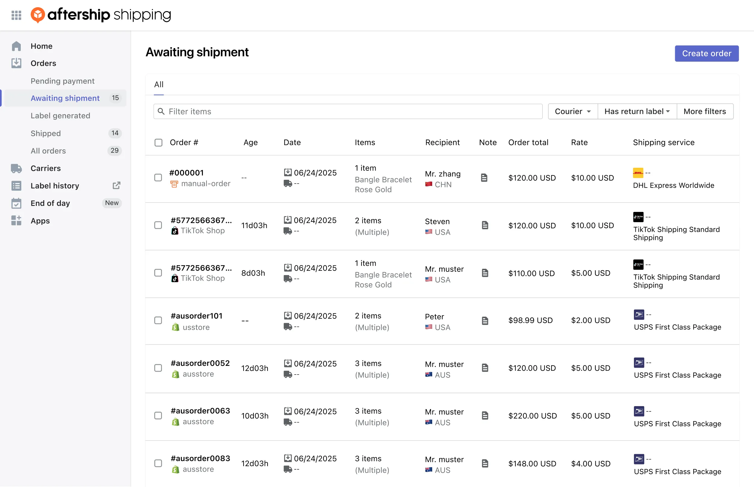 Shipping dashboard showing a list of orders with details like ID, date, customer, location, price, and shipping service, awaiting shipment.