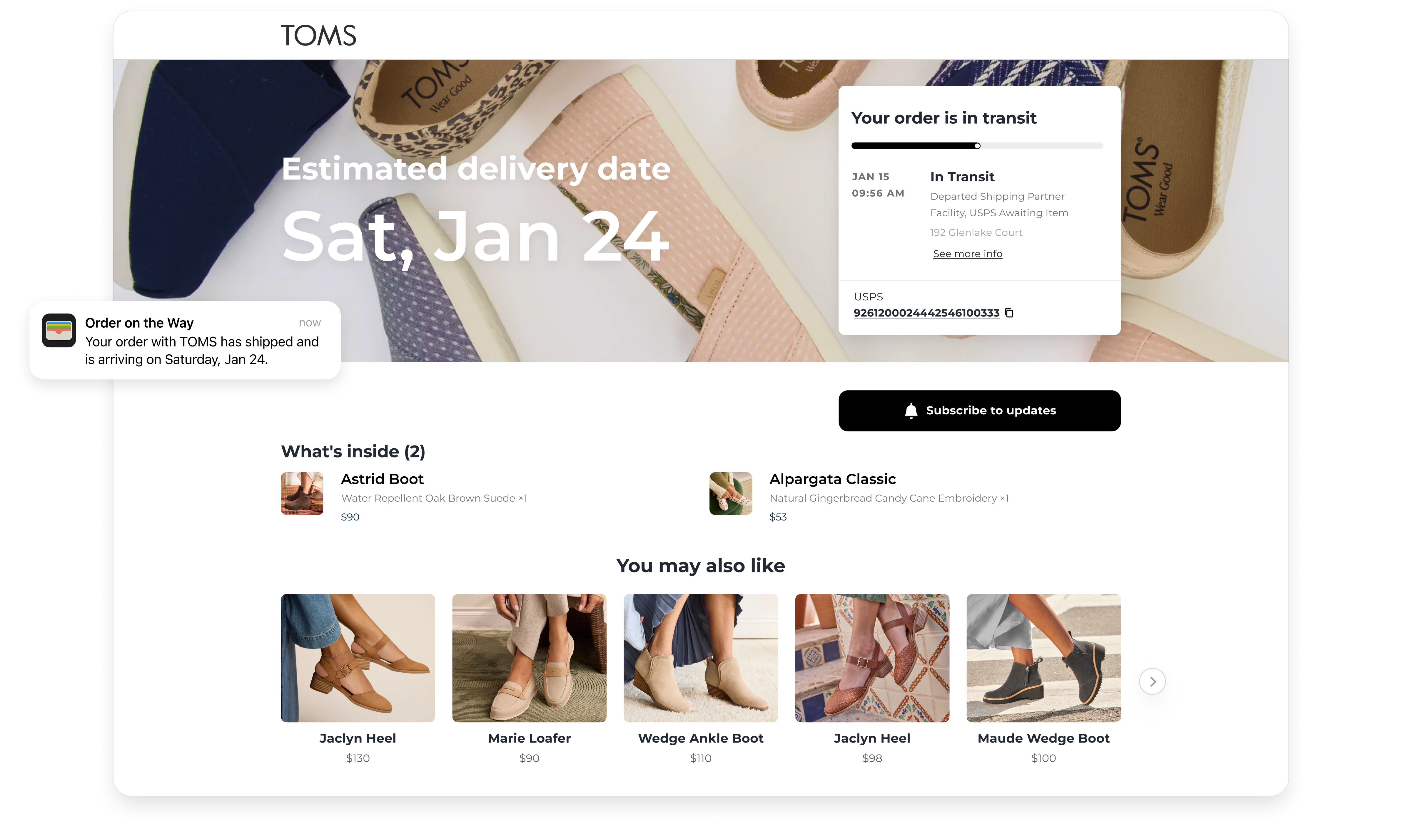 Online order confirmation for TOMS shows an estimated delivery date of Jan 24, with featured shoe options and related recommendations.
