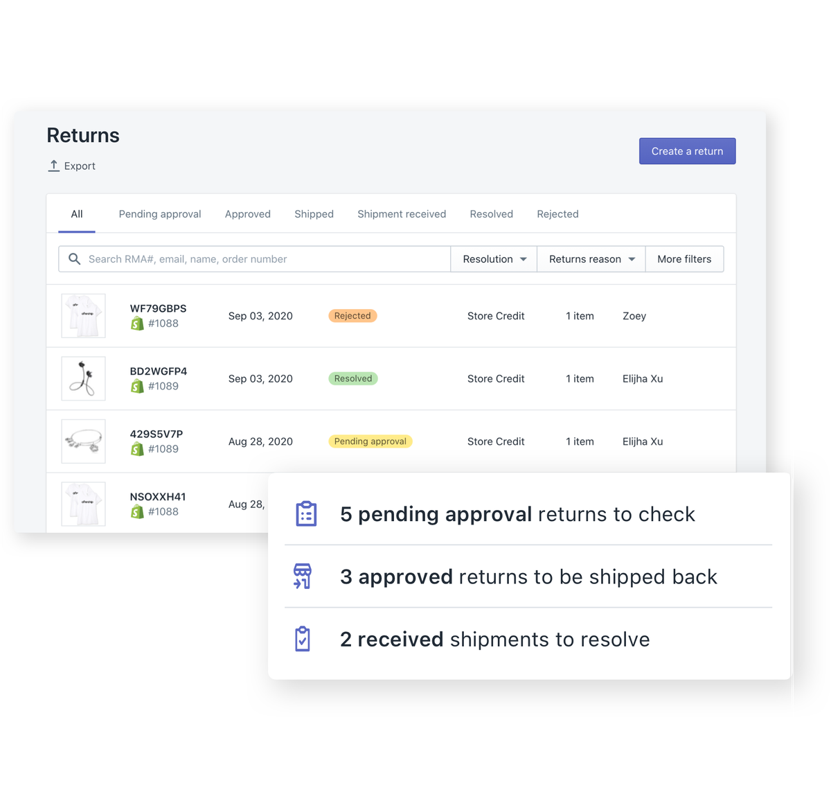 AfterShip Returns product interface